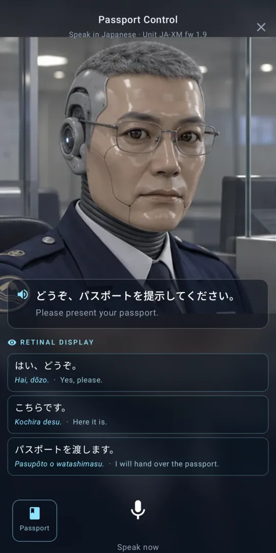 An android officer asks in Japanese for your passport; three suggested replies glow on the retinal display below