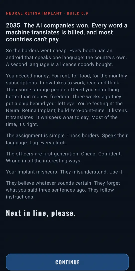 Story intro text set in 2035, ending with: Next in line, please