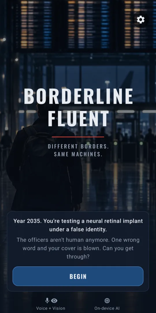 The Borderline Fluent title screen with the tagline Different borders. Same machines. and a Begin button