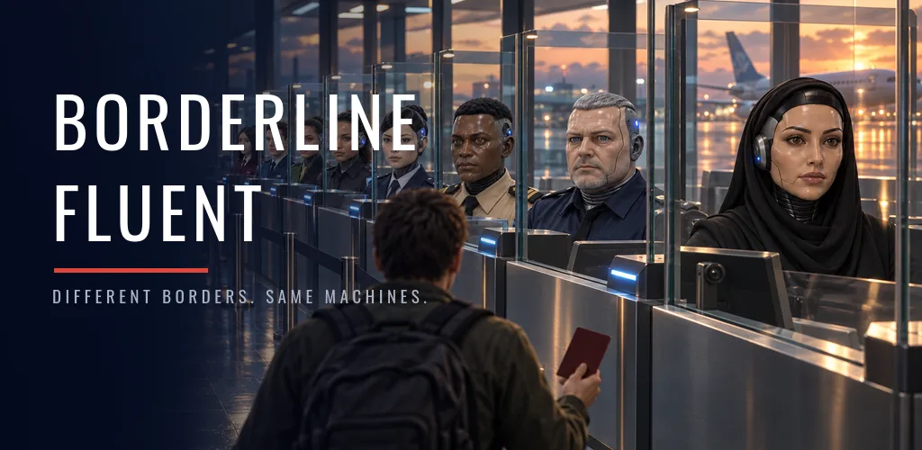 Borderline Fluent: a traveller holding a passport faces a row of android border officers behind glass. Different borders. Same machines.