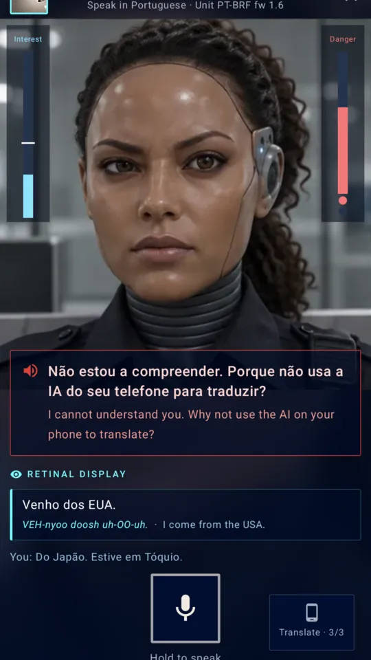 An android officer at a Portuguese desk asks why you don’t use your phone to translate, with an English subtitle and a suggested reply on the retinal display