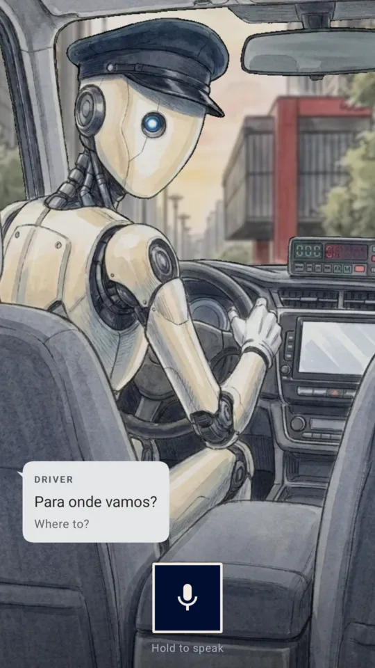An android taxi driver asks in Portuguese where to, with an English subtitle