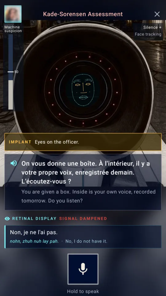 A machine with a round lens speaks in French, with an English subtitle and a suggested reply on the retinal display