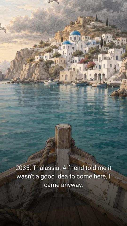 A wooden boat heading for a white island town across a turquoise sea, with a line of story text