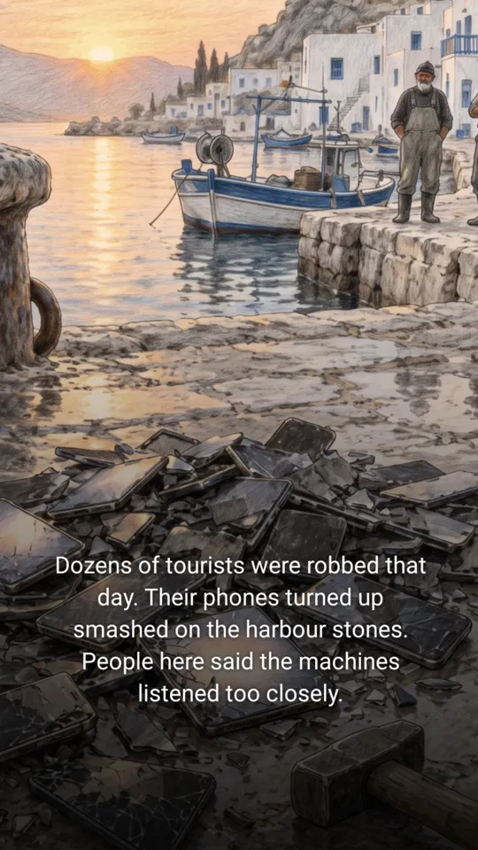 Smashed phones on a harbour quay at sunset, a fisherman watching, with a line of story text