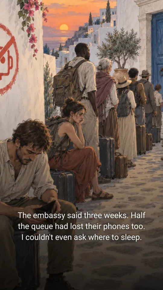 Travellers with luggage queue along a whitewashed street, with a line of story text