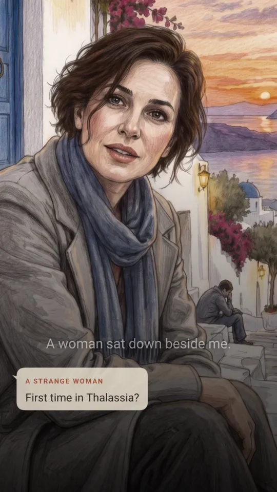 A woman in a scarf by the harbour asks: First time in Thalassia?